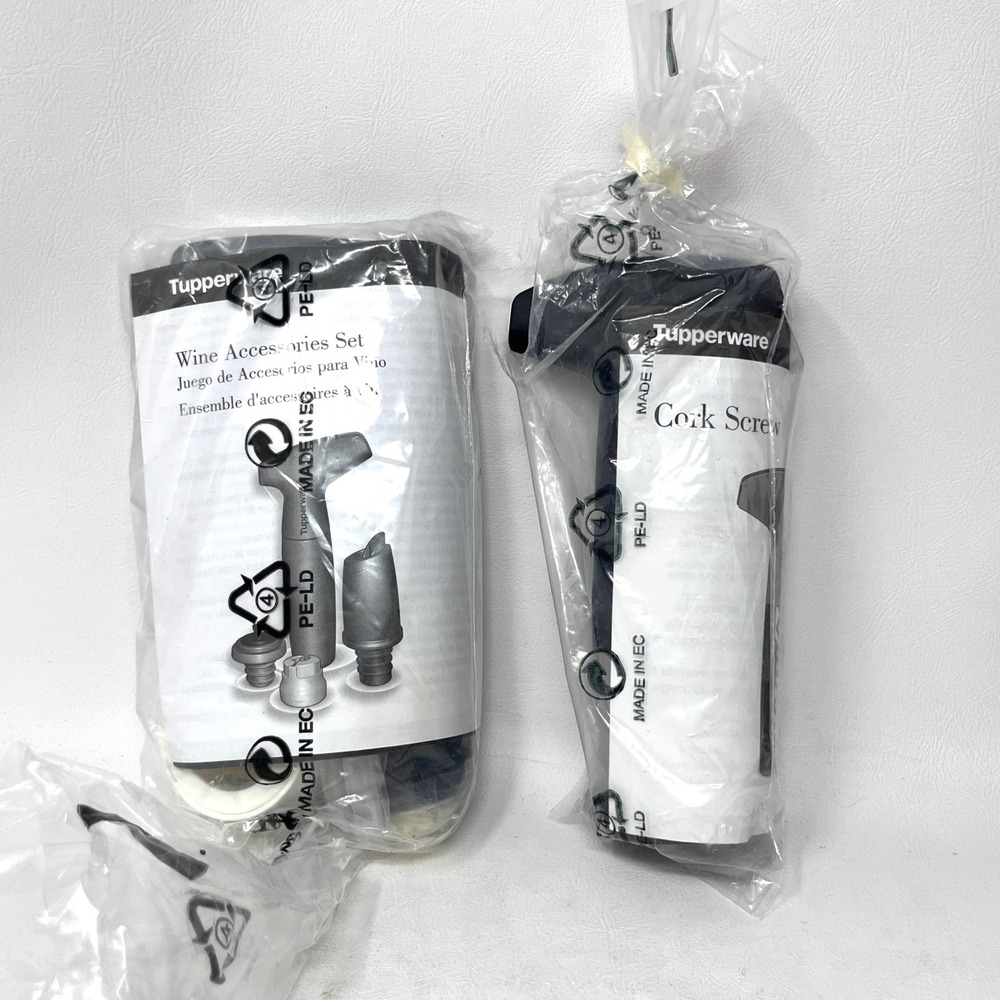 Tupperware Corkscrew and Wine Accessories Set Black White Handle NIP / Open